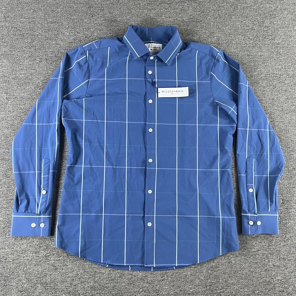 Mizzen+Main Shirt Mens XL Blue Windowpane Trim Fit Performance Dress Long Sleeve